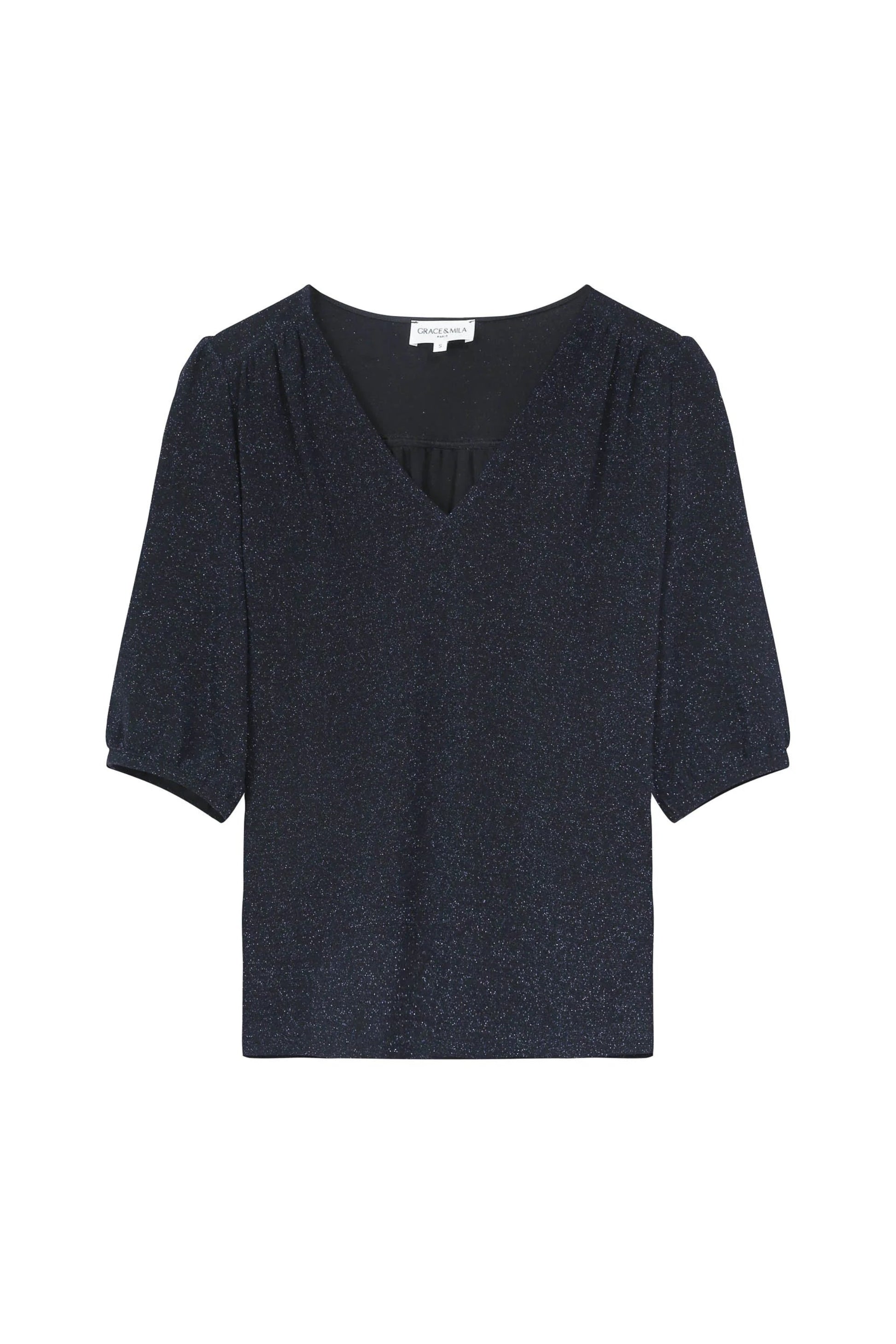 Blouse bleu marine à manches 3/4 vue face – tissu légèrement scintillant