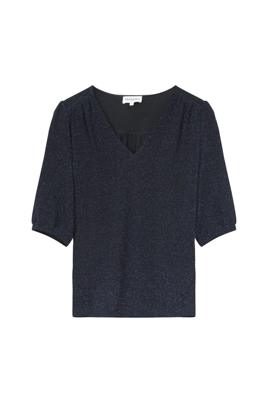 Blouse bleu marine à manches 3/4 vue face – tissu légèrement scintillant