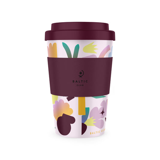 Tasse Pélagie – motif pastel et manchon bourgogne, 14 oz, en bambou