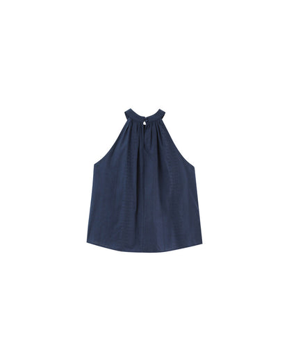 Top brodé bleu marine vu de dos avec bouton au col