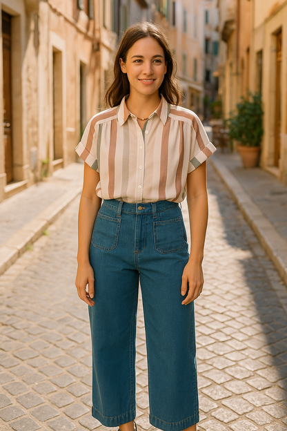 Top rayé fluide en coton porté avec un pantalon bleu, manches courtes à ourlet