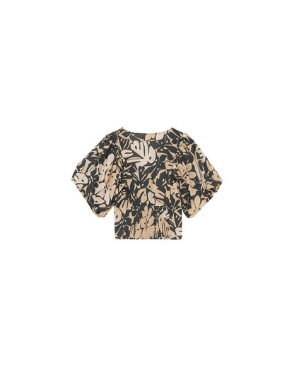 Vue arrière du top tropical noir et beige – Coupe courte et ajustée