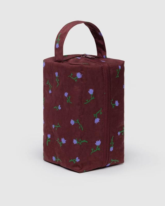Trousse de toilette debout avec anse, motif floral violet sur fond bourgogne – fermeture zippée