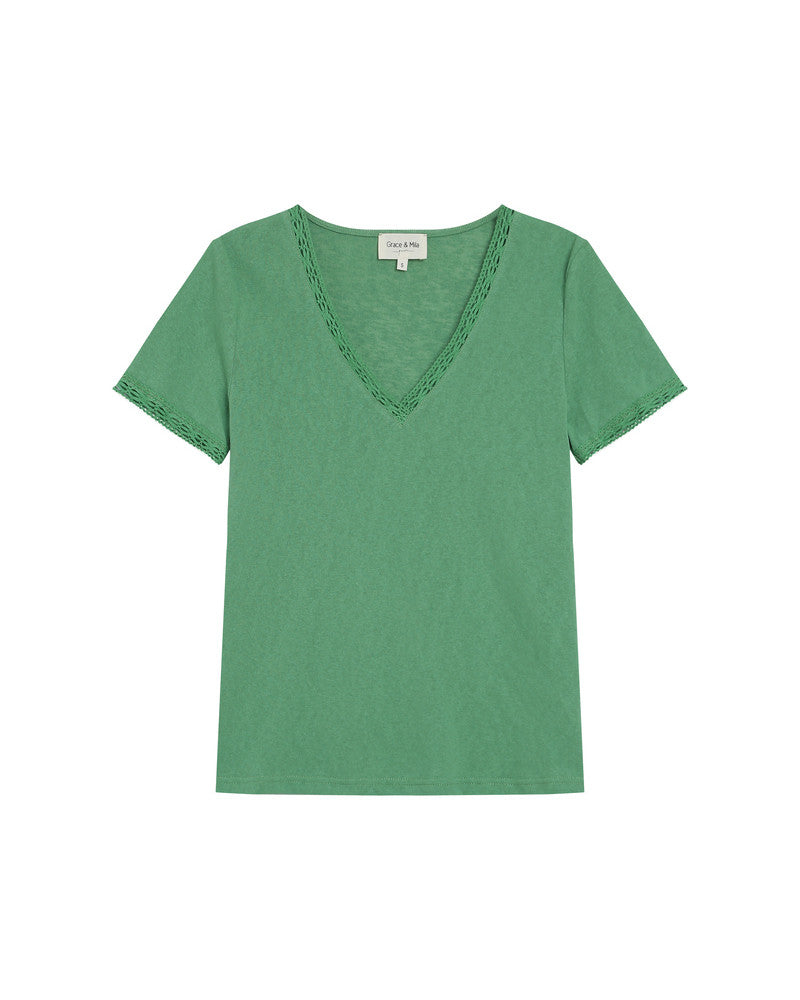 Rome Vert T-shirt Vert Col V Détails Dentelle Féminin