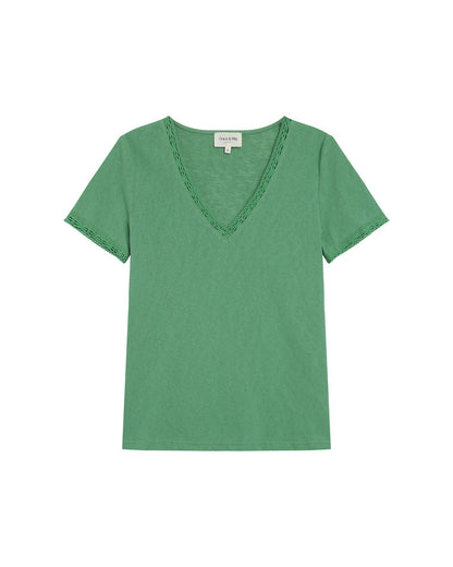 Rome Vert - T-shirt col V en dentelle
