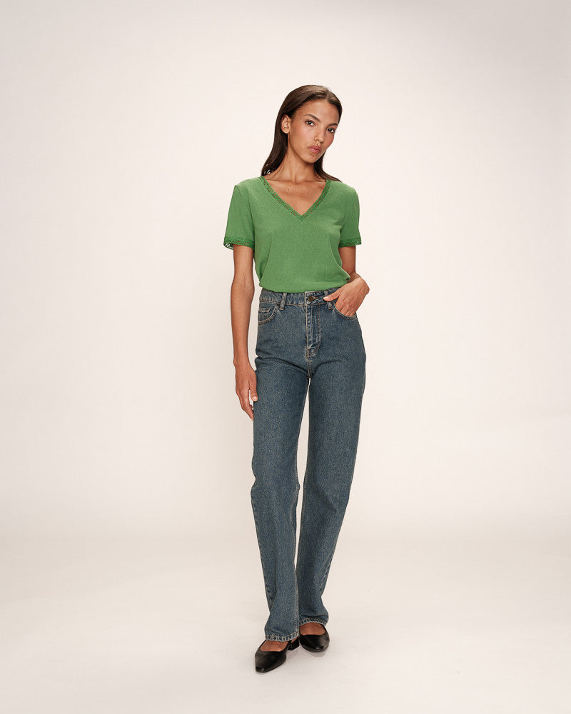 Rome Vert T-shirt Vert Col V Détails Dentelle Féminin