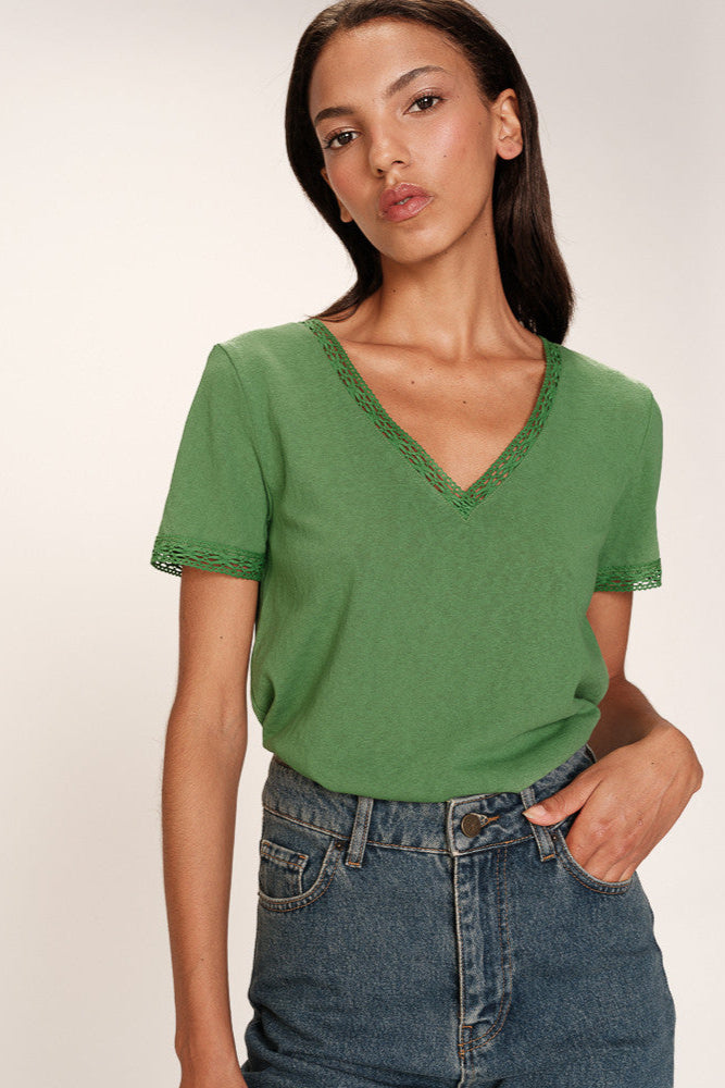 Rome Vert T-shirt Vert Col V Détails Dentelle Féminin