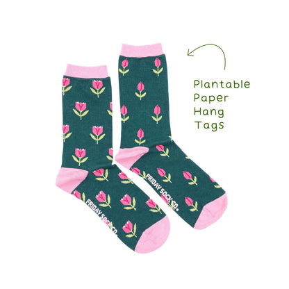 Tulipes chaussettes vert émeraude en coton égyptien