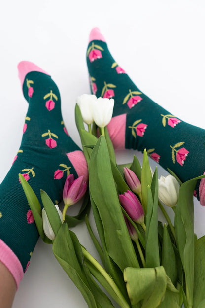 Tulipes chaussettes vert émeraude en coton égyptien