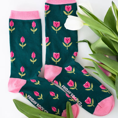 chaussettes tulipes avec feuilles vertes et fleurs roses, en coton biologique

