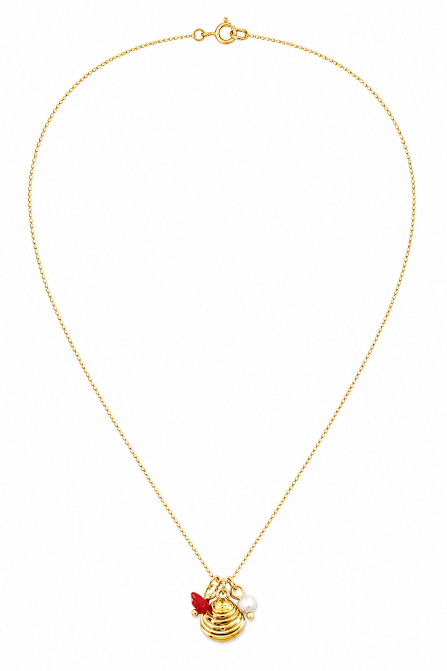 Collier Tulum Or en acier inoxydable doré avec pendentif coquillage, perle blanche et détail rouge.