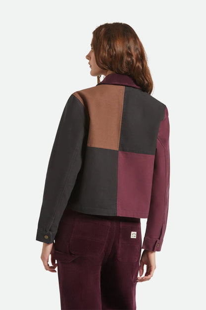 Vue arrière de la veste Mechanic colorblock, tons bourgogne, brun et noir.