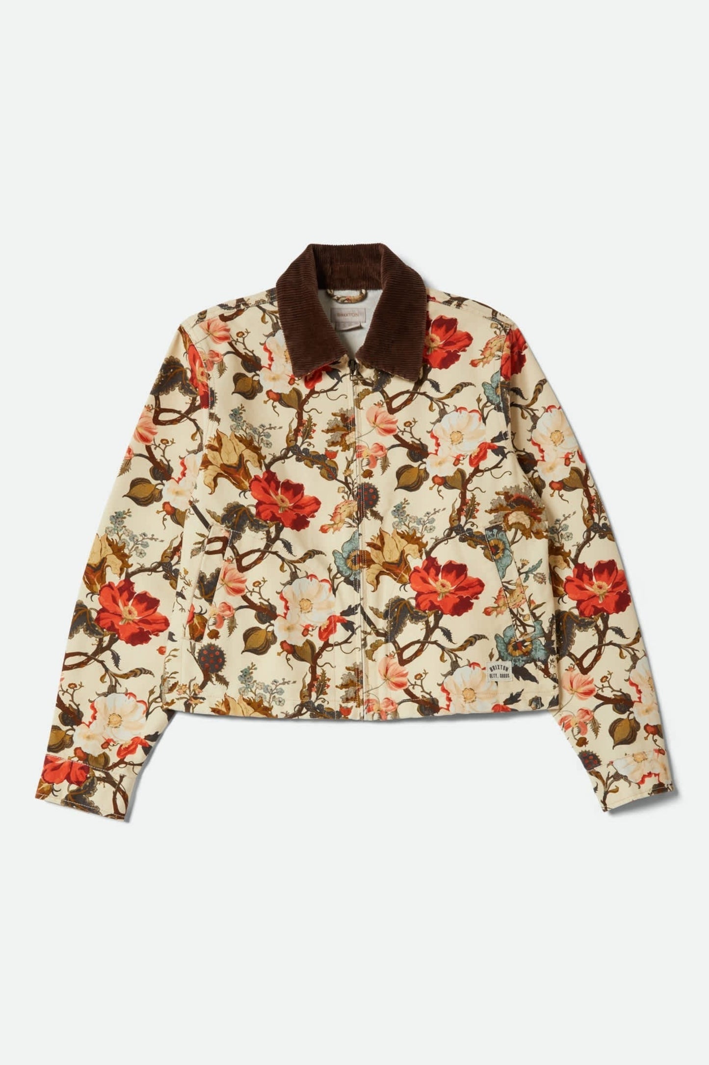 Veste Lily à imprimé floral sur fond beige, vue à plat avec col en velours