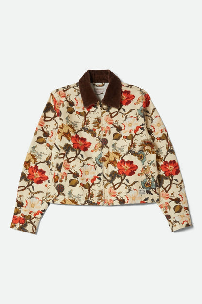 Veste Lily à imprimé floral sur fond beige, vue à plat avec col en velours