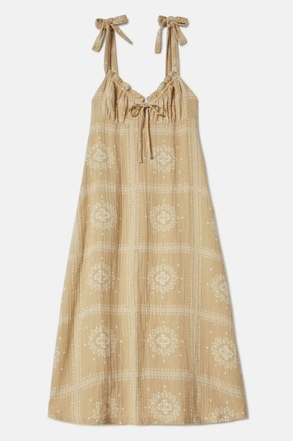Vue à plat de la robe longue beige imprimée avec bretelles à nouer